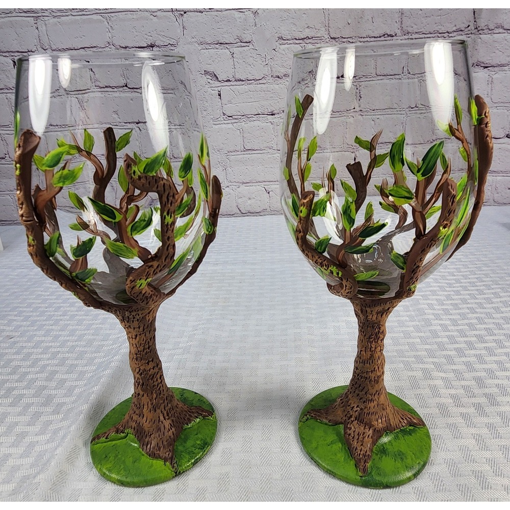 Unique Nature's Goddess Tree Of Life 3D Clay & Hand Painted Wine Glass Stemware